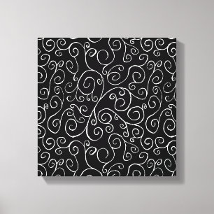 Witte scrollende curven op zwart canvas afdruk