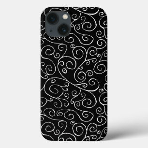 Witte scrollende curven op zwart iPhone 13 hoesje