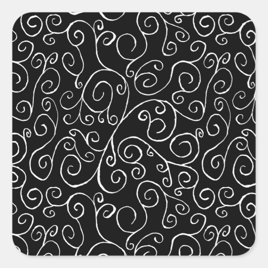 Witte scrollende curven op zwart vierkante sticker (Voorkant)
