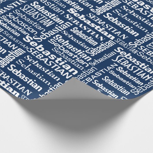 Witte SEBASTIAN naam op blauw Cadeaupapier (Hoek)