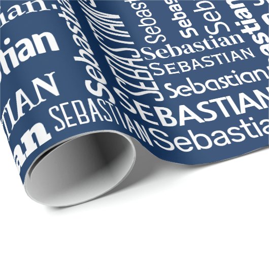 Witte SEBASTIAN naam op blauw Cadeaupapier (Rol Hoek)