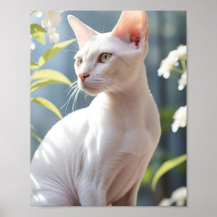 Witte Sfinx Kat en Bloemen Poster