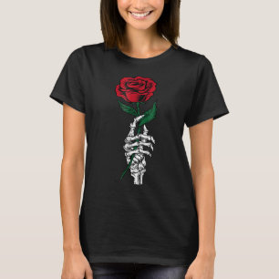Witte skelet hand die roos bloem vasthoudt grappig t-shirt