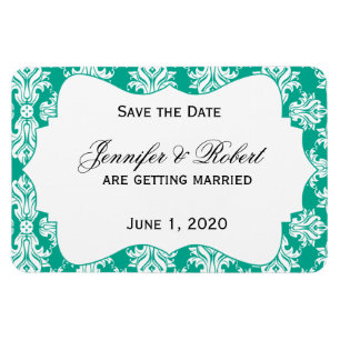 Witte Smaragd Groene Damast Bruiloft Save the Date Magneet