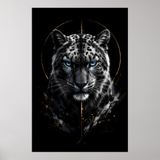 Witte Sneeuwluipaard Portret | Blauwe Ogen | Zwart Poster