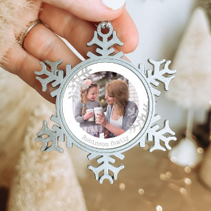 Witte Sneeuwvlok Custom Foto Monogram Tin Sneeuwvlok Ornament