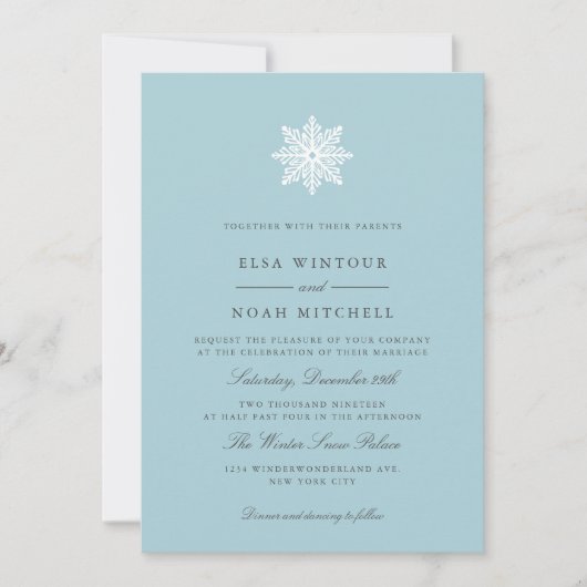 Witte Sneeuwvlok Lichtblauwe Winter Formele Huweli Kaart (Voorkant)