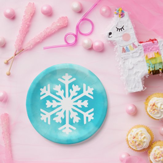 Witte sneeuwvlok op blauwe Waterverf achtergrond Papieren Bordje (Feest)