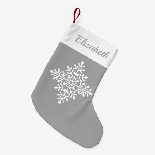 Witte sneeuwvlok op grijs met aangepaste naam kleine kerstsok (Voorkant (Hangend))