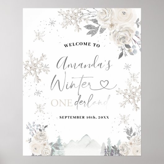 Witte sneeuwvlokken 1e Verjaardag Welkomstbord Poster (Voorkant)