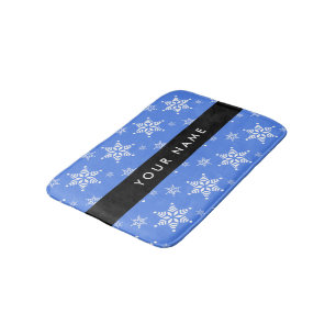 Witte sneeuwvlokken, Blauw, Jouw naam, Personalise Badmat