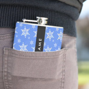 Witte sneeuwvlokken, Blauw, Jouw naam, Personalise Heupfles