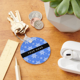Witte sneeuwvlokken, Blauw, Jouw naam, Personalise Sleutelhanger