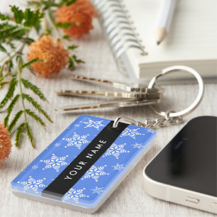 Witte sneeuwvlokken, Blauw, Jouw naam, Personalise Sleutelhanger