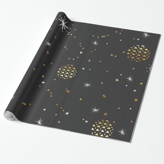 Witte sneeuwvlokken en gouden ballen cadeaupapier (Uitgerold)