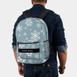 Witte sneeuwvlokken, grijs, Jouw naam, personalise Bedrukte Rugzak