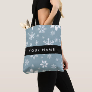 Witte sneeuwvlokken, grijs, Jouw naam, personalise Draagtas