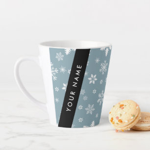 Witte sneeuwvlokken, grijs, Jouw naam, personalise Latte Mok