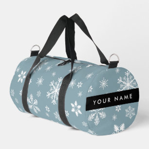 Witte sneeuwvlokken, grijs, Jouw naam, personalise Plunjezak