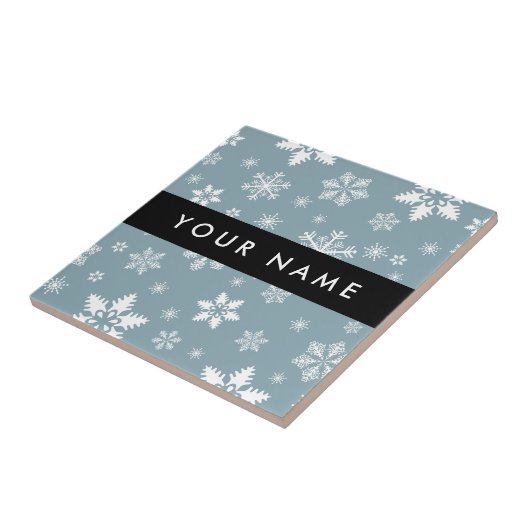 Witte sneeuwvlokken, grijs, Jouw naam, personalise Tegeltje (Zijkant)