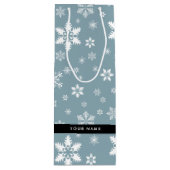 Witte sneeuwvlokken, grijs, Jouw naam, personalise Wijn Cadeautas (Voorkant)