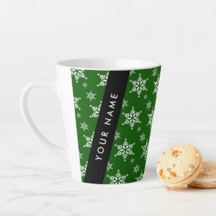 Witte sneeuwvlokken, Groen, Jouw naam, Personalise Latte Mok