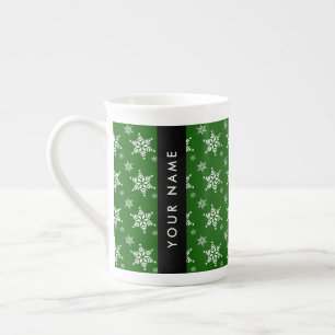 Witte sneeuwvlokken, Groen, Jouw naam, Personalise Porselein Kop