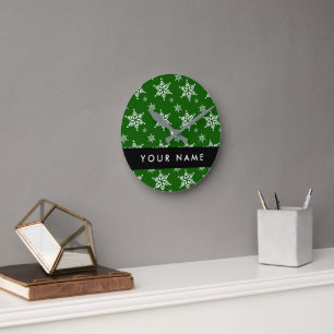 Witte sneeuwvlokken, Groen, Jouw naam, Personalise Ronde Klok