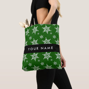 Witte sneeuwvlokken, groen, Uw naam, Personaliseer Draagtas