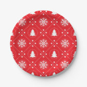 Witte sneeuwvlokken kerstbomen rood design papieren bordje (Voorkant)