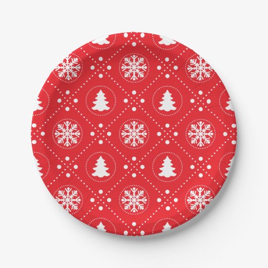 Witte sneeuwvlokken kerstbomen rood design papieren bordje (Voorkant)