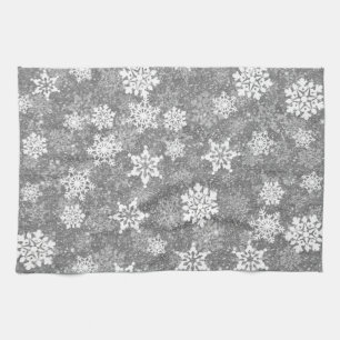 Witte Sneeuwvlokken Luxe Grijs Elegante Kerstmis Theedoek