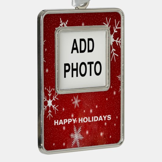 Witte sneeuwvlokken met rode, verticale versiering verzilverd kader ornament (Rechts)