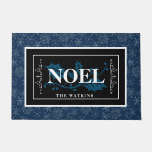 Witte sneeuwvlokken op blauw, NOEL, aangepast Deurmat