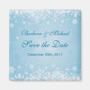Witte sneeuwvlokken op blauw Save the Date Magnet Magneet
