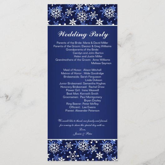 Witte sneeuwvlokken op donkerblauw Wedding program Programma (Achterkant)