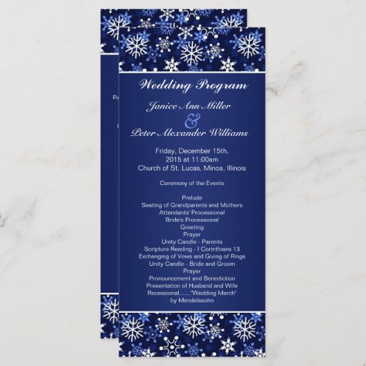 Witte sneeuwvlokken op donkerblauw Wedding program Programma (Voorkant / Achterkant)