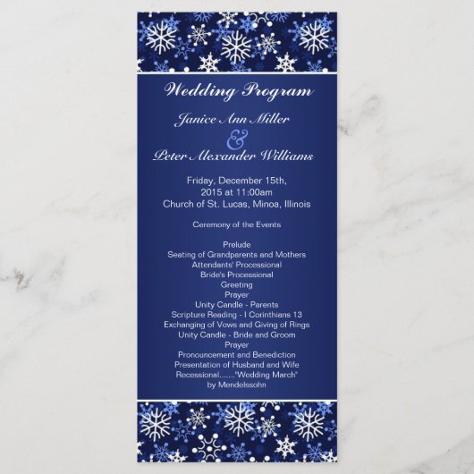 Witte sneeuwvlokken op donkerblauw Wedding program Programma (Voorkant)