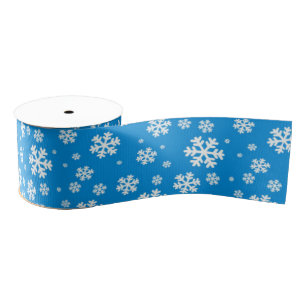 Witte sneeuwvlokken op Mid-blauw winterpatroon Grosgrain Lint