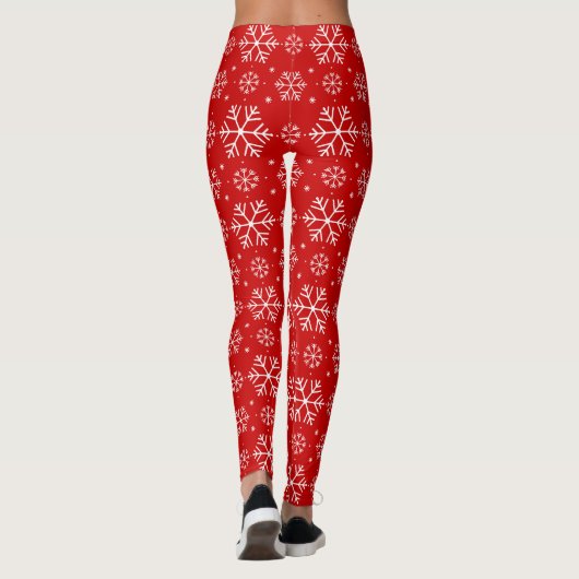 Witte sneeuwvlokken op rode achtergrond Kerstmis Leggings (Achterkant)