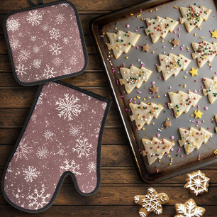 Witte sneeuwvlokken Roos roze Ovenwant & Pannenlap Set