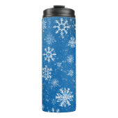 Witte sneeuwvlokken saffier blauw thermosbeker (Voorkant)