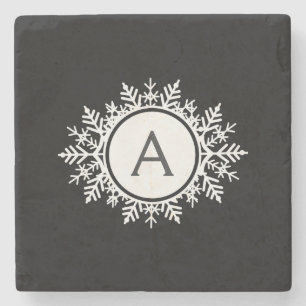  witte Snowflake Monogram op zwart Stenen Onderzetter