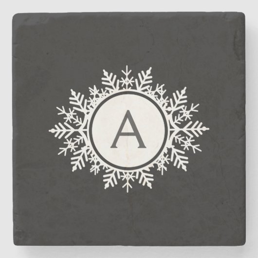  witte Snowflake Monogram op zwart Stenen Onderzetter (Voorkant)
