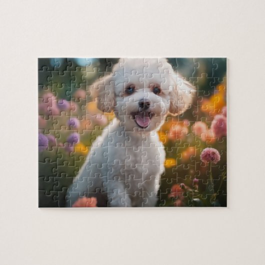 Witte Speelgoed Poedel Puppy in Bloemrijk Gebied Legpuzzel (Horizontaal)