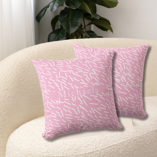 Witte Sprinkles op Roze Achtergrond Naam Tekst Kussen (Pink & white Sprinkles Throw pillow, customizable name. Multilingual Project. Bilingual text option.)