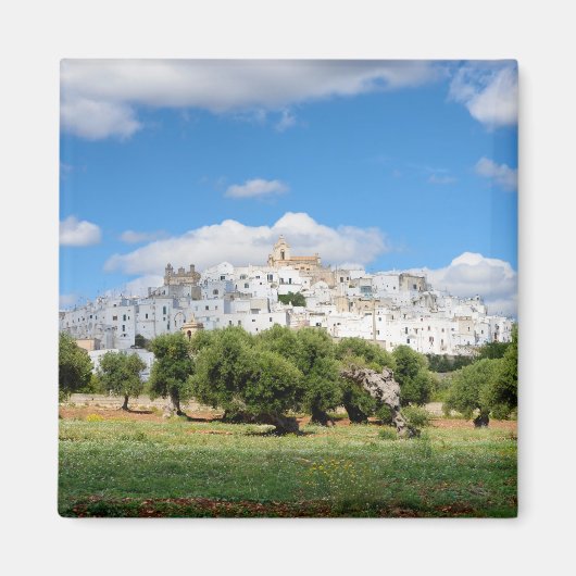 Witte stad Ostuni met olijfbomen, Puglia magneet (Voorkant)