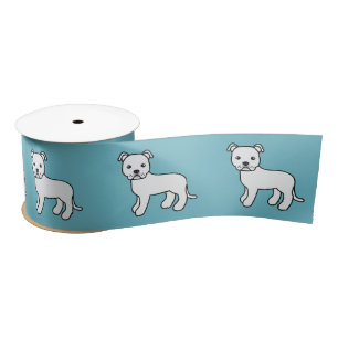 Witte Staffordshire Bull Terrier Hond Op Blauwe On Lint