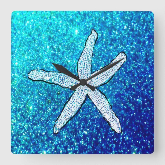 Witte Starfish Glittery Sparkly Blauwgroen Blue Cu Vierkante Klok (Voorkant)