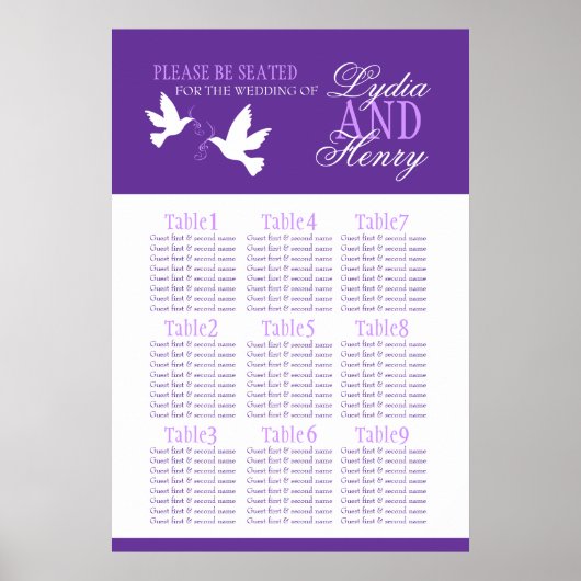 witte stieren paarse trouwtafel plan 1-9 poster (Voorkant)